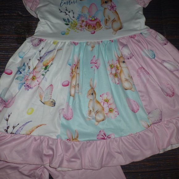 Boutique Easter Bunny Rabbit Tunic Dress & Leggings Girls Outfit Set - Picture 3 of 4
